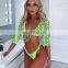 neon bikini thong bikini set Deep v-neck swimsuit female Snake print Bathing suit long sleeve woman swimwear 2019 new