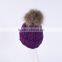 High fashion wool knitting hat with fur ponpon ball on top purple color KZ160075