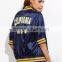 Women Custom Back Embroideried Zip Up Coat Striped Half Sleeve Satin Bomber Jacket Navy Blue