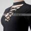 Women Fashion Sexy bodysuit Long Sleeve Top Deep V Lace-up Ribbed Jumpsuits