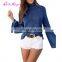 Wholesale Bat Sleeve Ruffle Knit Sweater Blouse Fancy Ladies Long Tops