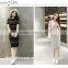 Black White Stripe Knitted Dresses Half Sleeve Lady Midi Dresses Sheath Knee Length Casual Dresses OZM-7710