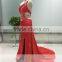 ASAP-03 One Shoulder Pleats Crystals Beaded Split Side A-line Court Train Red Evening Dresses
