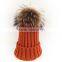 Myfur Orange Warm Ribbed Knit Hat with Natural Raccoon Fur Ball Top