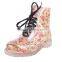 Floral woman lace up martin boots PVC low heel ankle rain boots