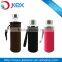 clear glass water bottle with neoprene ponch