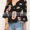 New Designs Ladies Fashion Deep v Neck 3/4 Sleeveless Floral Print Surplice Wrap Blouse