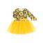 Newest Design Sunflower Printed And Yellow 2 Layers Veil Dress Party Wear Long Sleeve O-Neck Pattern Fancy  For Baby Girl