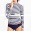 Polyamide Nylon Elastane Spandex Comfortable Long Sleeve Custom Printed Classic Navy Blue White Stripe Beach Surfing Rash Guard