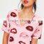 Custom Full Print Women Oversizes V Neck Pink Lip Print Nightshirt Roll Sleeve Causal Loose Sleepwear
