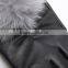 Delicate Sheep Fur Leather Gloves With Blue Fox Fur Pompom Flannelette Inside
