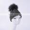 High quality wool knitted beanie hat with big raccoon fur ball pompoms on top for ladies grey color KZ160076