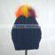 Myfur Navy Color Adults Winter Wool Beanie with Raccoon Fur Pompom Top