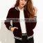MGOO Women Burgundy Velvet Bomber Jacket With Striped Trim Plain Baseball Jacket Zipper Closure