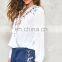 V-shaped cut-out neck contrast patterned placket floral embroidery ladies blouse