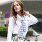 2016 Ladies New Design Fashion Top Blue White Striped Patchwork Knit Tie Neck Poplin Long Sleeve Latest Shirt Designs For Women