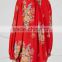 Wholesale Women Apparel Tie-fastening Drawstring Cuffs Red Floral-print Silk Crepe Blouse(DQE0369T)