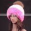 Manufactor wholesale thick mink fur weaven hat with large fox fur ball