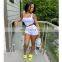 2020 Fashion Summer Sexy Two Piece Tight Crop Top Zipper Shorts Sets For Women Two Piece