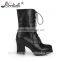 Customized genuine leather block heel high heel lace up boots for women