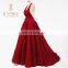 Newest Fashion Floor Length Satin Flowers Belt Ball Gowns Burgundy Halter Evening Dresses 2016