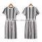 2016 Summer Fashion Women Black White Stripe Chiffon Dresses Jersey Round Collar Short Sleeve Bow Slit Back Ladies Modern Dress