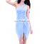 Slim Light Blue Shoulder Cut Out Dresses for Summer Contained Belt