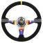 380 мм/15 дюймов черный кожаный руль для ралли с синними титановыми спицами, глубокими впадинами и белой строчкой