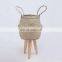 Seagrass Belly Basket With Wooden Leg Customized Pattern Plant Holder Storage Basket Decor Home
