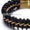 Mens Black Braided Leather Bracelet Interwoven with Gold Curb Chain in Stainless Steel