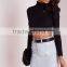 2016 custom ladies high neck long sleeve black ribbed crop top