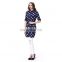 Milan Crepe Fabric Navy Blue Long Sleeve Round Print Woman Shirt Top