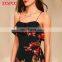 Women Casual One Piece Shoulder-straps Wrap Dress Black Long Floral Print Dress