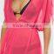 Summer New Style Pink Plain Split Front Deep V Neck Chiffon Maxi Beach Kaftan with Self Belt