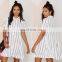 2015 MG Simple white with black stripe print front button closure lady top for a swing skirt silhouette