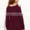 Custom V Neck Cold Shoulder Burgundy Sweater Cotton polyester Blends Drop Shoulder Sweatshirt