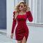 Womens Sexy Bodycon Long Sleeve Velvet Elegant Party Mini Homecoming Dresses