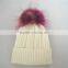 Myfur Elegant Women White Color Wool Blend Hat and Cap with Fur Ball Top