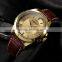 Gold Stainless Steel Case Auto Date Analog Genuine Leather Band Quartz Men Casual Watch