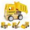 2015 hot product DIY learning toys wood and rubber and metal yellow colour construction vehiclesset 5 pcs wooden toy truck