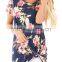 Wholesale Private label clothing Plus Size US Women Floral Print Short Sleeves Front Side Knot Tees