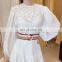TWOTWINSTYLE Embroidery Lantern Sleeve High Waist With Sashes Ruched Dress Women