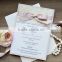 Romantic & personalized white wedding invitations with ivory rosette lace & pink ribbons