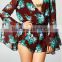cheap 2015 sexy ladies Long bell sleeve Deep V neck print floral plus size loose short chiffon playsuit romper jumpsuit