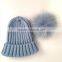 Myfur Wholesale Raccoon Fur Pom Pom Adult Couple Knitting Beanie in Sky Blue