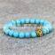 KJL-0017 High Grade Mens Women Beads Bracelet, Light Blue Sea Sidiment Stone Lion Head Bracelet