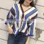 TWOTWINSTYLE Striped Chiffon Shirt Blouse Female Three Quarter Sleeve V Neck Casual Shirts Tops