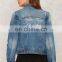 China Custom Jacket in New Model Distressed Embroidered Denim Jacket Women