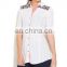 Adult Women's Fashion Lace Work at Shoulder Collar neck Front Button Style High Quality Semi Sexy Sheer Sleeve Tops lady Blouse
