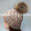 Knitted winter real fur pom beanie bobble hat with large fur pom pom